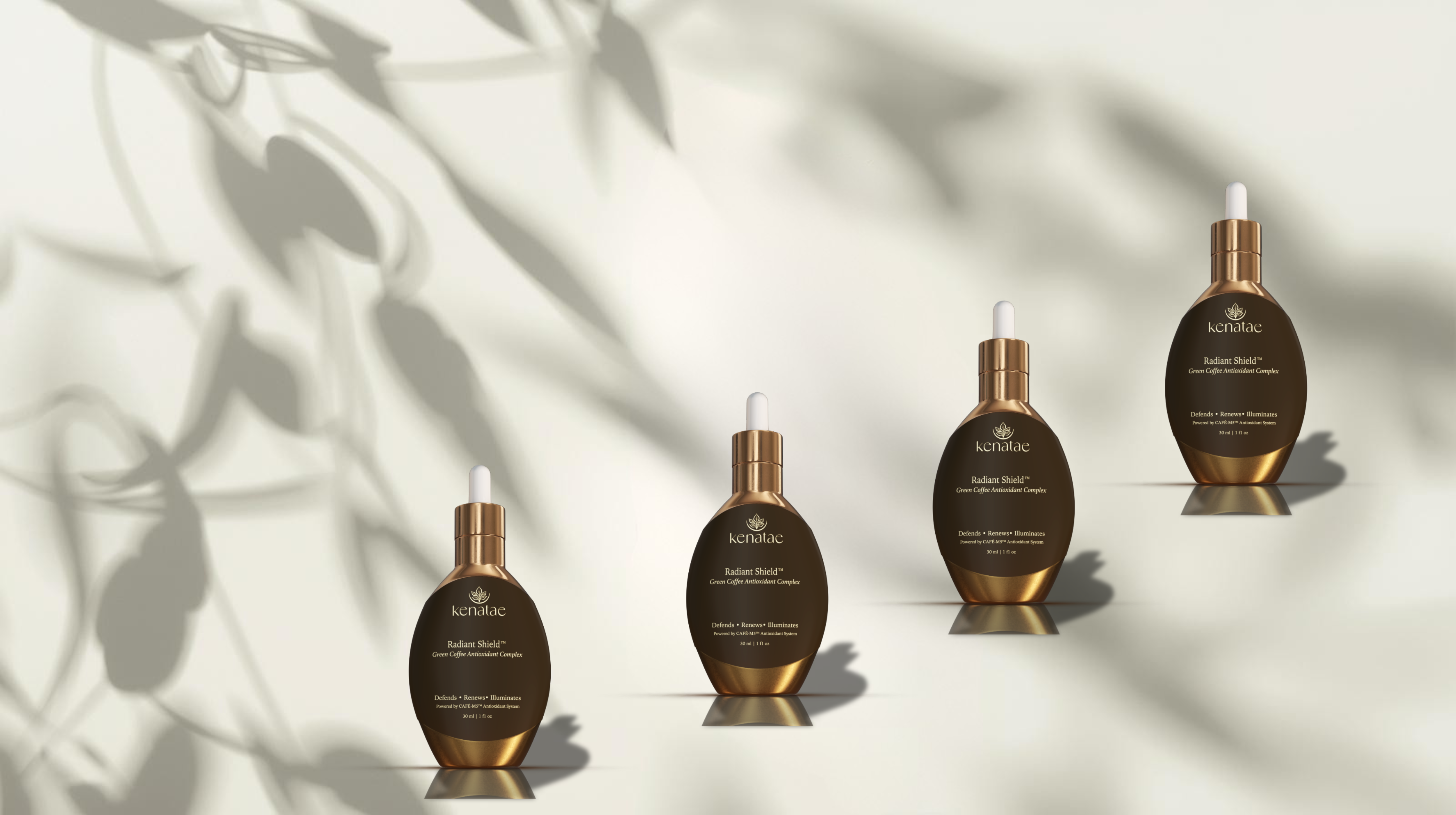 Kenatae's Radiant Shield serum bottles lined up in a row against a beige, botanical background
