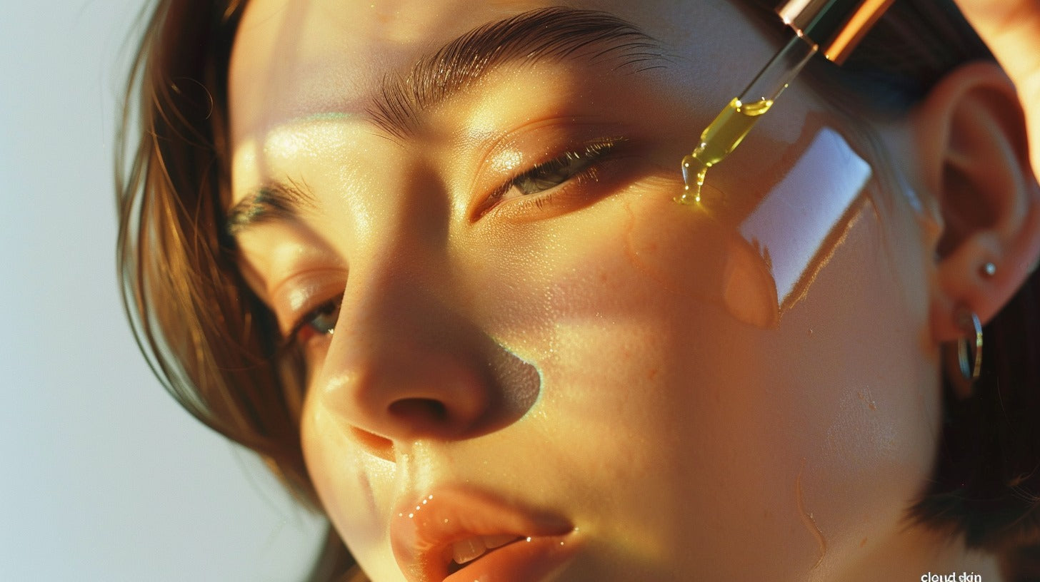 Close-up of a woman's face with a dropper applying Radiant Shield green coffee serum oil to her skin.