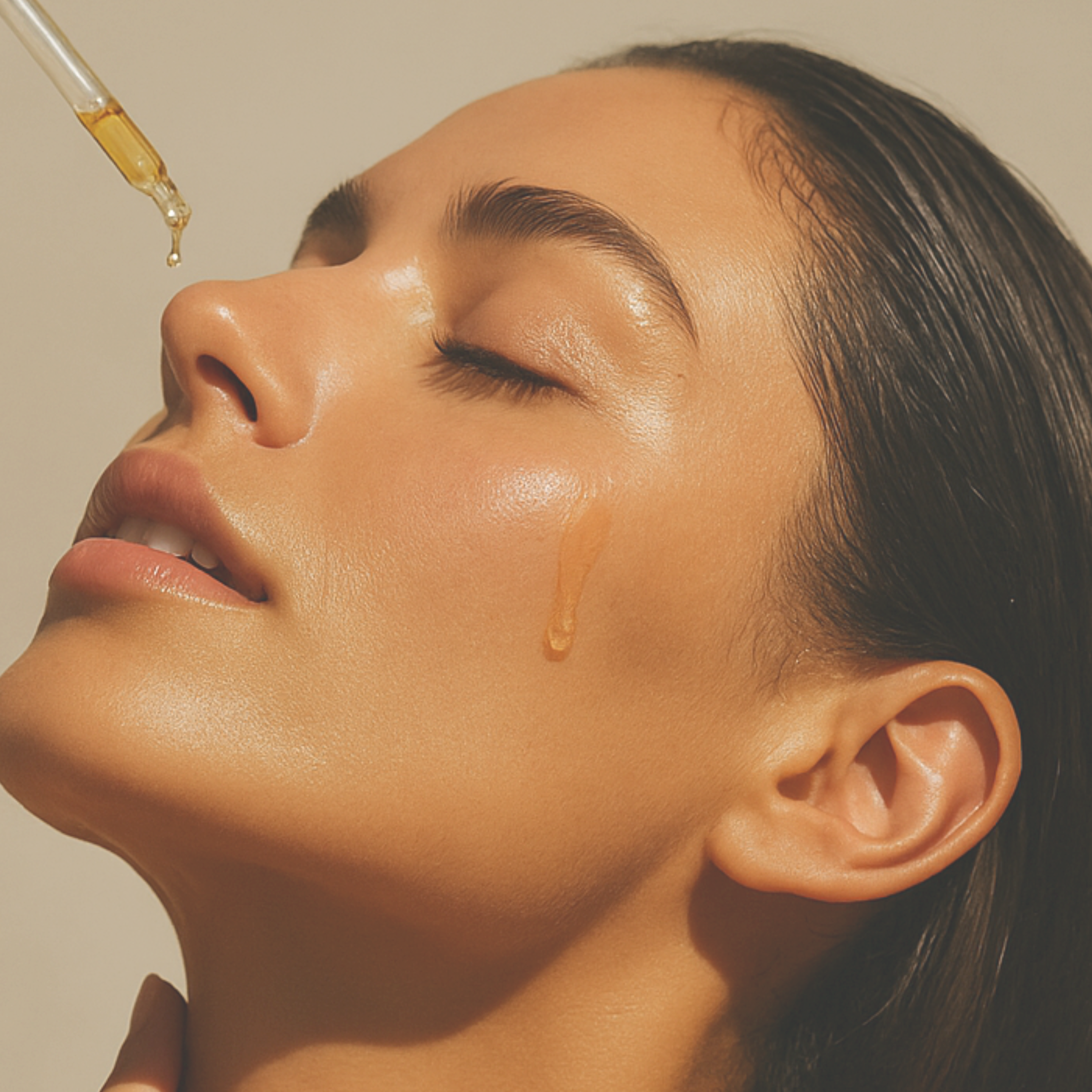 Woman using eye dropper to add Radiant Shield serum oil to her skin for moisture and hydration.