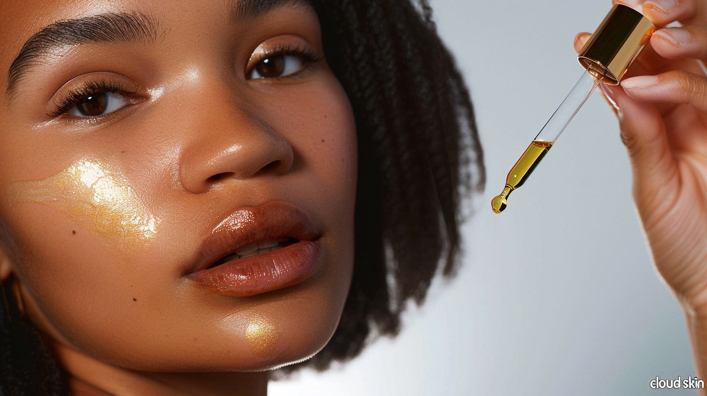 Close-up of a person's face with a dropper of Radiant Shield Green Coffee Serum oil held above it, on a neutral background.