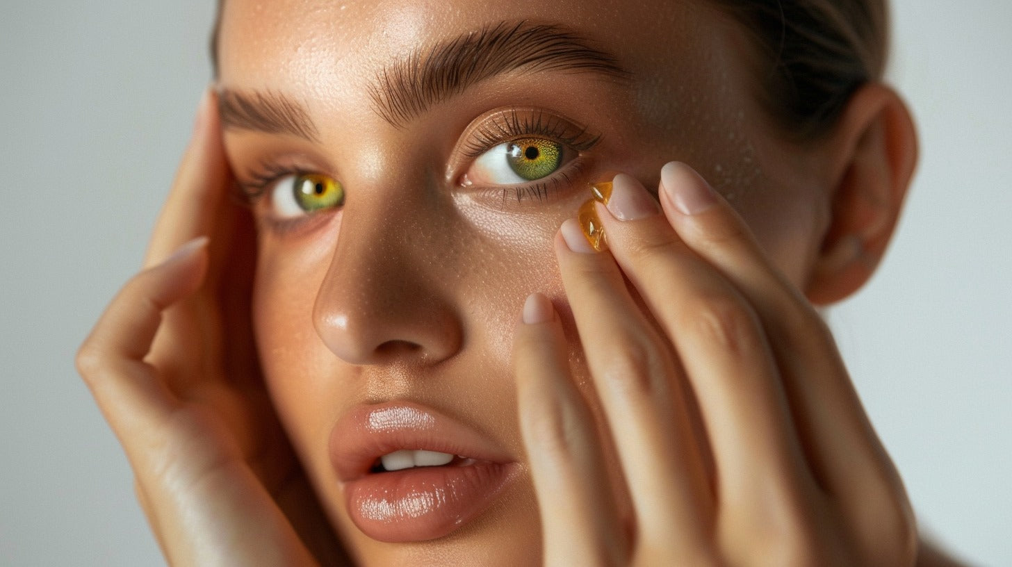 Close-up of a person applying Radiant Shield Green Coffee Serum to their cheeks with a neutral background