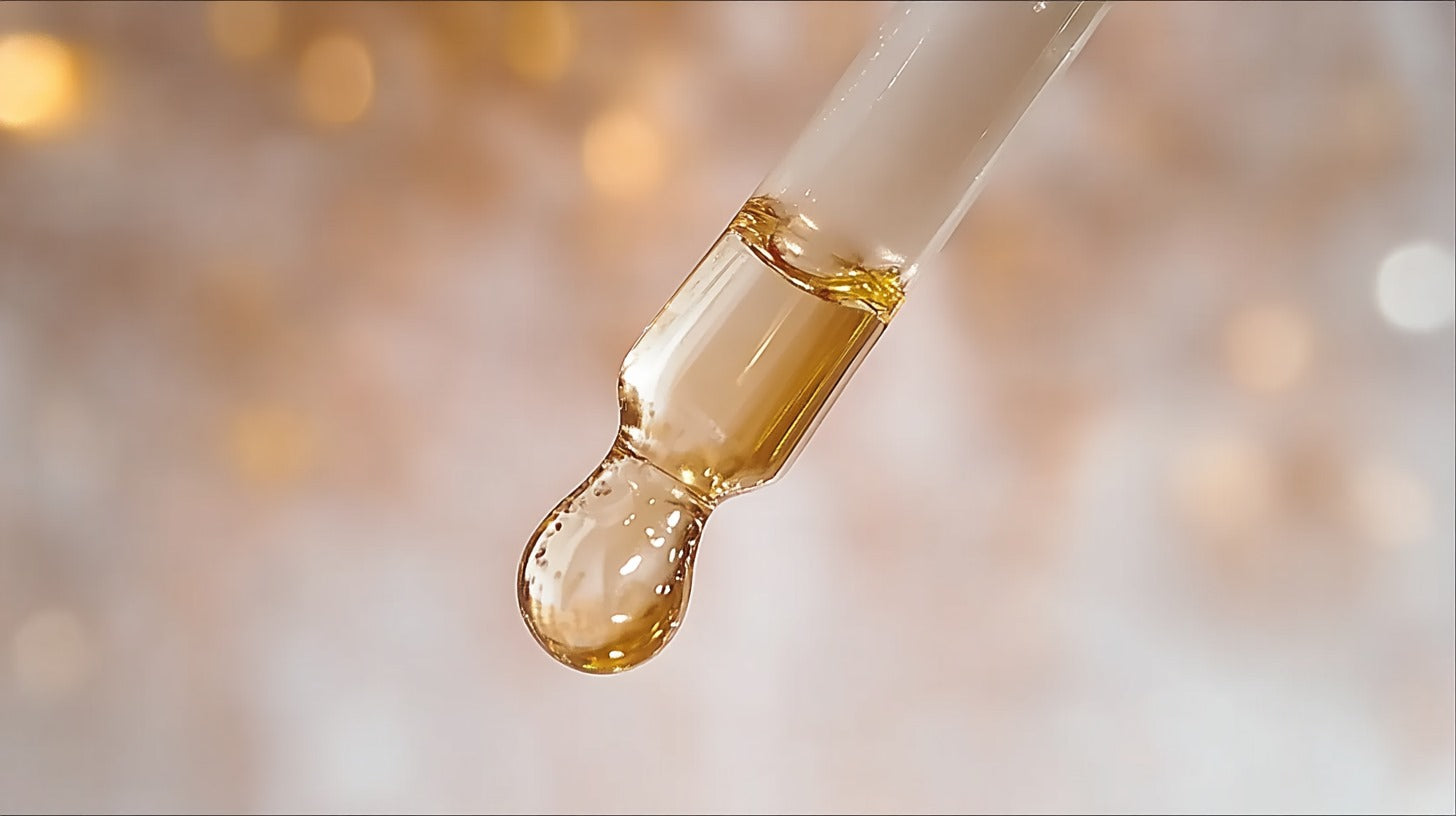 Dropper with a drop of yellow oil from Radiant Shield Green Coffee Serum oil against a blurred background