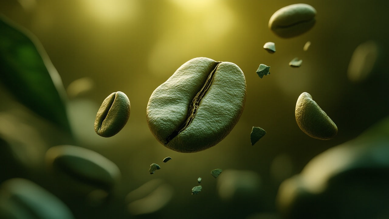 Green coffee beans floating against a warm, blurred background to symbolize Radiant Shield's powerful and potent source of CGA