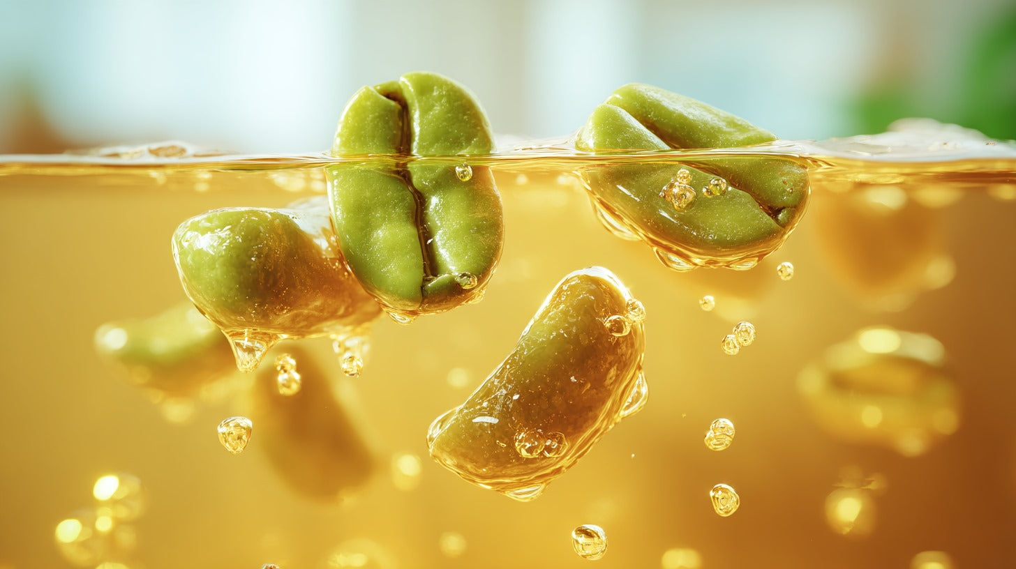 Green coffee beans floating in thick Manuka Honey with a blurred natural background to show the hydrating and soothing effects of Radiant Shield