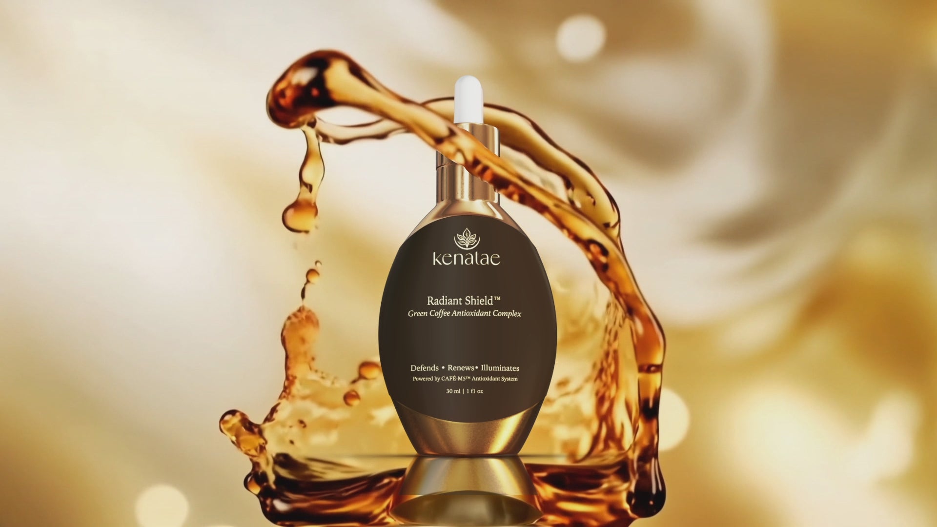 Kenatae's Radiant Shield serum with golden antioxidant oil splashing around the bottle