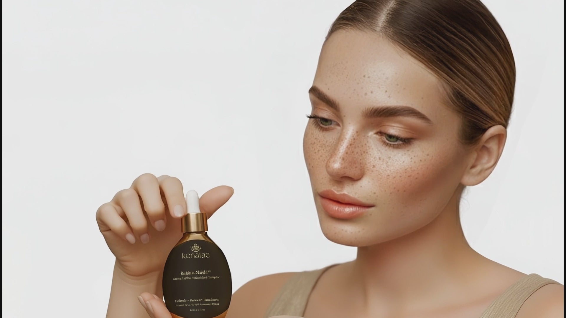 Kenatae's Radiant Shield serum being applied to face by a model with fair complexion